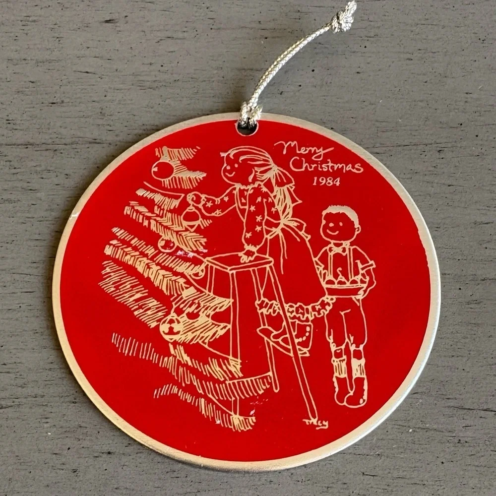 Vintage Holiday Christmas Ornament Red Round 1984 Boy Girl Christmas Tree